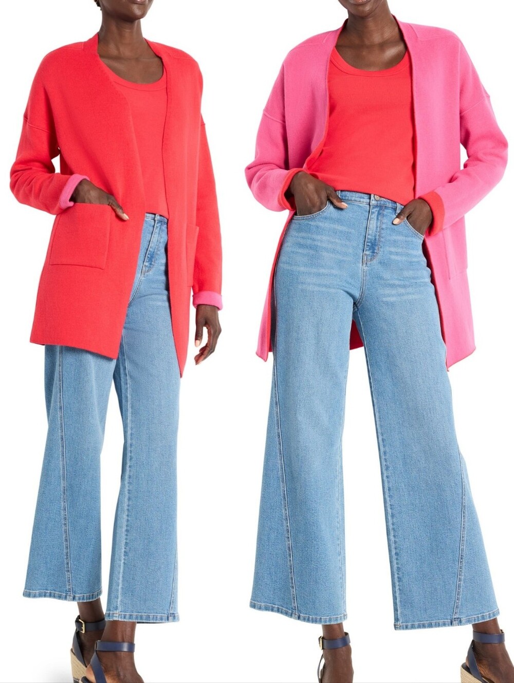 Nic + Zoe Sunset Breeze Patch Pocket Cardigan Haute Red Pink Reversible XL